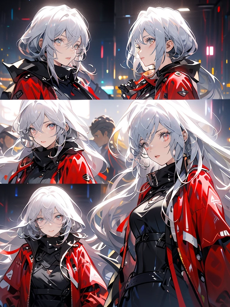 A Russian girl in her early 20s with ash grey hair, All-red outfit, beautiful face，Correct facial features，A puzzled expression，doubt，Unbelievable