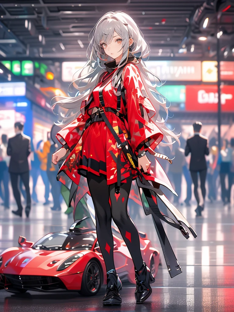 A Russian girl in her early 20s with ash grey hair, All-red outfit, beautiful face,Correct facial features,A puzzled expression,doubt,Unbelievable