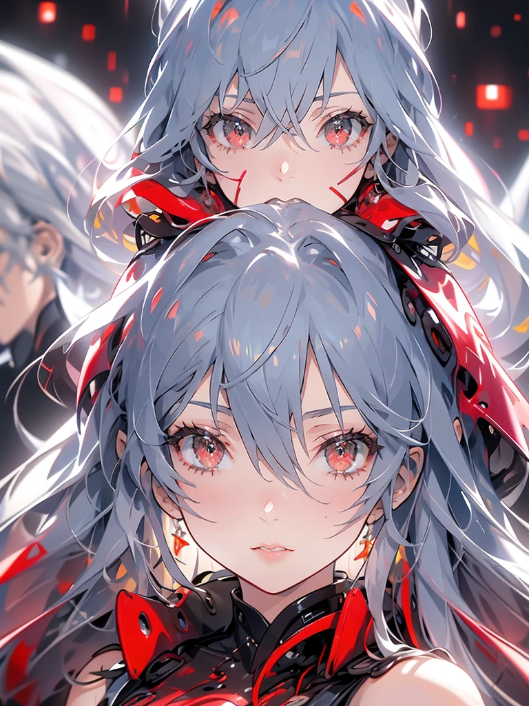 A Russian girl in her early 20s with ash grey hair, All-red outfit, beautiful face,Correct facial features,A puzzled expression,doubt,Unbelievable