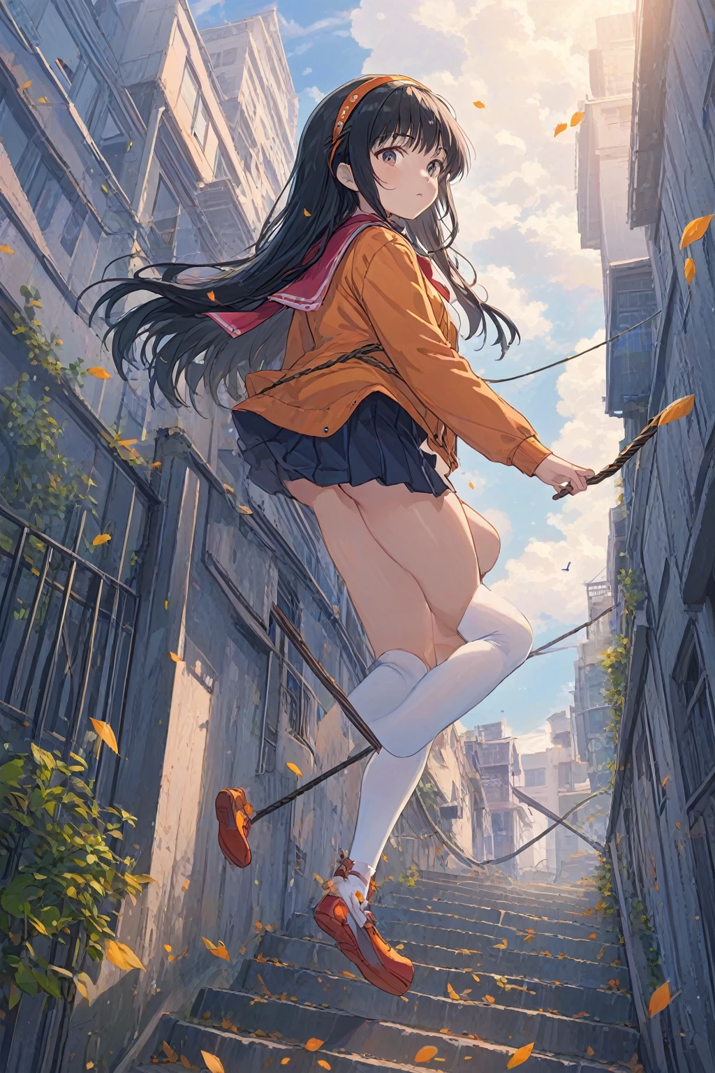 ultra-detailed,(best quality),((masterpiece)),(highres),original,extremely detailed 8K wallpaper,(an extremely delicate and beautiful),
anime,
\\,
BREAK
1girl,orange shoes,solo,sitting,sky,clouds,outdoors,black hair,bird,upward view,blue sky,white socks,daytime,orange jacket,building,long sleeves,leaves,long hair,stairs,red headband,pump Rope,headband,bangs,cloudy sky,from_below,wide_shot,