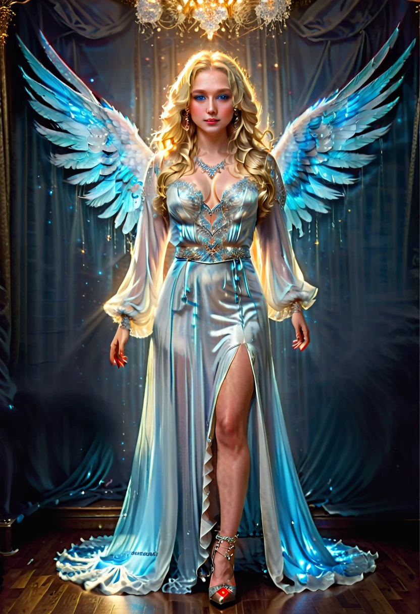 Arafed, a picture of a female angel in high society prom event, divine beautiful female angel, blond hair, long hair, flowing hair, the hair glows in a soft light, cerulean eyes, deep light eyes, divine beautiful face, folded white feather wings, she wears a red evening dress, elegant, intricate detailed dress, silk dress, she wears elegant high heeled boots, exquisite high heeled boots, high society prom room background, dynamic angle, soft torch light, (Masterpiece: 1.5), 16k, highres, best quality, high details, ultra detailed, masterpiece, best quality, (extremely detailed), AngelStyle, GlowingRunesAI_paleblue