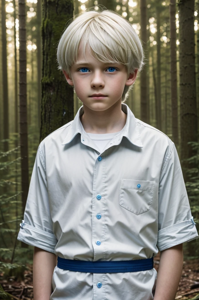 ((best quality)), ((masterpiece)), (detailed), A -yeld boith medium-sized pale yellow-white hair and blue eyes in the forest