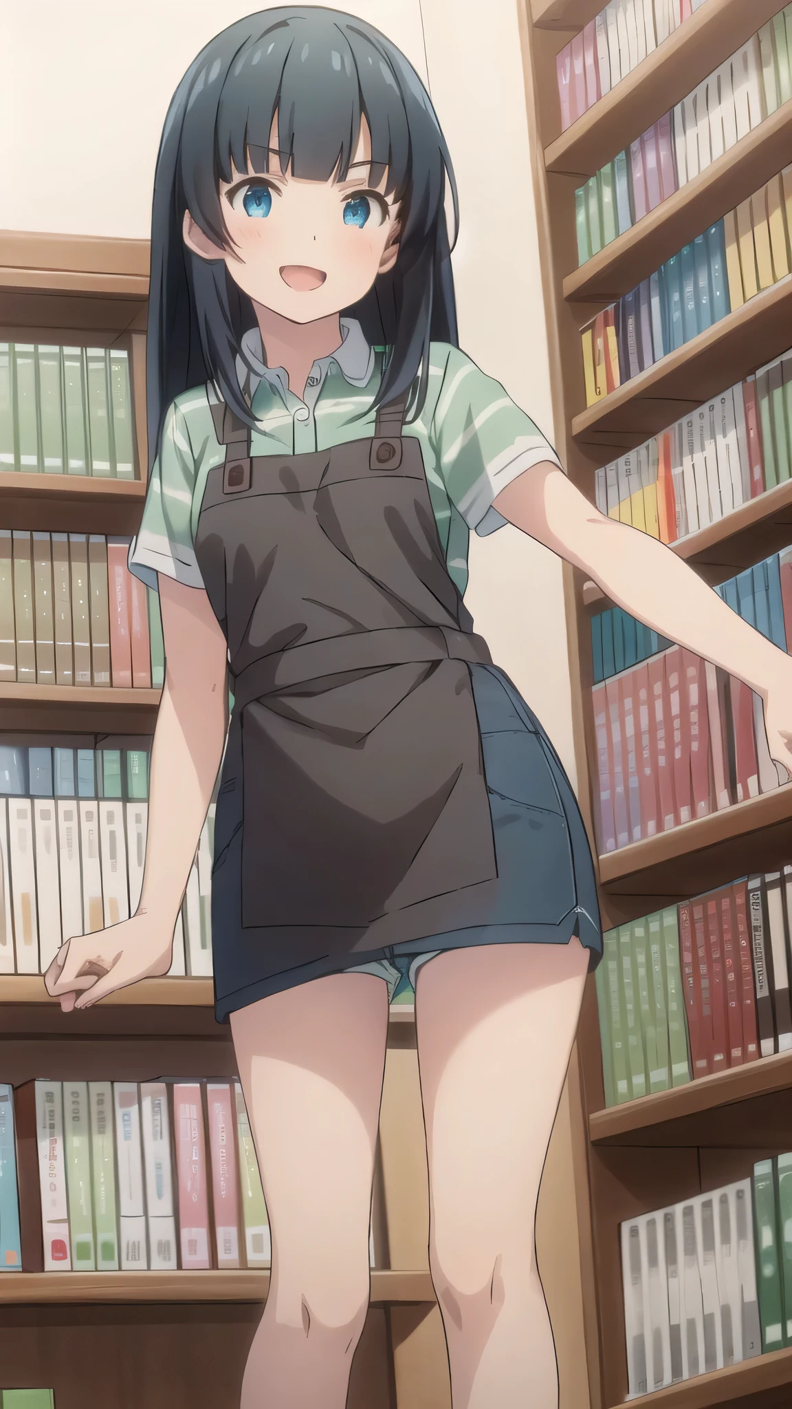 Highest quality, (masterpiece:1.2), Very detailed,
indoor, Bookshelf,
takasago tomoe,
One girl, alone, Are standing, Looking at the audience, Open your mouth, smile,
Black Hair, Long Hair, blue eyes,
Black shorts, Collared shirt, Short sleeve, Green Shirt, Striped, Brown apron,white lace panties,