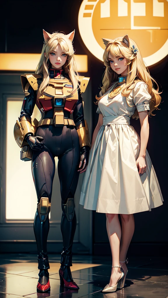 ((highest quality)), ((masterpiece)), (be familiar with), (High definition), 8K, Perfect Face、2Women、Two blonde women with cat ears、((Standing by in the mobile suit&#39;s 2cockpit))、Fearless smile、tall、2 Blonde cat ears、2. Long Hair、2. Volumetric hair style、Large Breasts、Narrow waist、Big Ass、glamorous、Alluring、protector、Armor、combat suit、Combat Boots、Armament、Cinematic、Best Shadow、Side lighting、NEO TOKYO、((cockpit))、(Close-up of face), detailed eyes, detailed face, detailed hands
