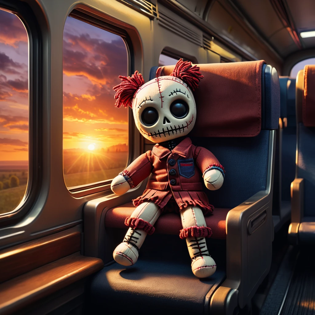 (knitted toy voodoo doll:1.2), (Voodoo sitting in a train compartment:1.5), (casual clothes:1.2), in the background a window in a train with a sunset, the atmosphere of a train, best quality, masterpiece, detailed soft oil painting, detailed background, dramatic cinematic lighting, soft edge lighting, professional, dramatic lighting, hard edge lighting, ultra quality, 4k,masterpiece, best quality, 8k, ultra highres, highres, extremely detailed