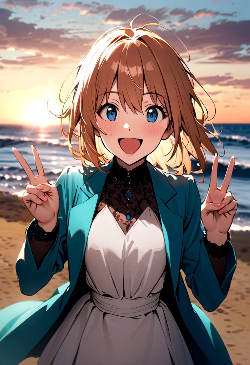 Evangelion、Asuka、Smiling, excited, incontinent, double peace sign outdoors