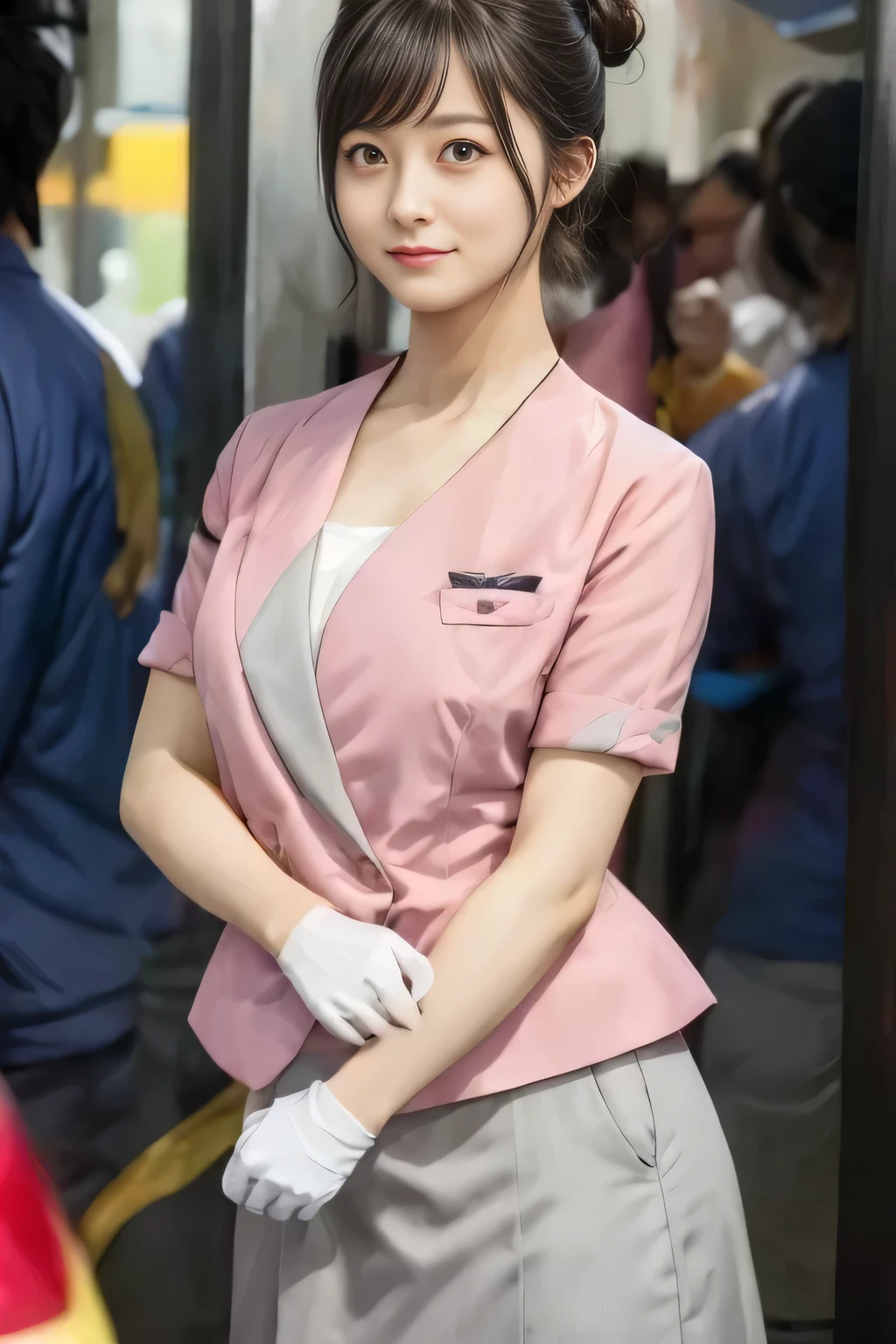 (masterpiece:1.2, Highest quality:1.2), 32K HDR, High resolution, (alone、1 girl)、(On the rooftop of a building in the daytime、Professional Lighting)、Building rooftop background、(Nankai train crew uniform pinkを着たリアルスタイル)、(Nankai train crew uniform pink short sleeve collarless pink jacket、Nankai Train Crew Uniform Pink Collarless Short Sleeve Blouse、Nankai Train Crew Uniform Pink Grey Knee-length Culottes)、((The bottom of the pink short-sleeved jacket cannot be tucked into the clay-colored culottes.))、Dark brown hair、(Hair tied up、Hair Bun、Hair Bun)、Dark brown hair、Long Shot、Big Breasts、Thin legs、((Great hands:2.0)),((Harmonious body proportions:1.5)),((Normal limbs:2.0)),((Normal finger:2.0)),((Delicate eyes:2.0)),((Normal eyes:2.0)))、(Nankai Train Crew Uniform Pink Grey Knee-length Culottesを見せた美しい立ち姿)、smile