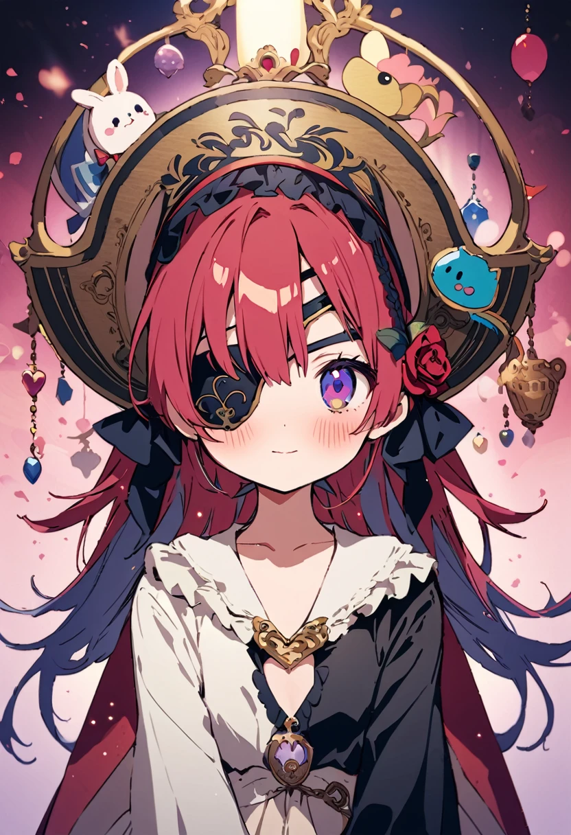 masterpiece, Highest quality, Illustration of the novel, High resolution, 18+ Adult content, Sensual, Intimate, Emotional, Passionate, romantic, sweet, Adorable, Innocent, Pure, Charmな, Charmな, Charm, mysterious, Charmな, Charmな, Immersive, Charmな, dream-like, Surreal, Imaginative, Whimsical, Artistic, Avant-garde, timeless, elegant, Sophisticated, chic, Sophisticated, personality, original, Charmな,((Loli Pirate:1.3)),((Eye patch:1.3))、((Upper Body:1.3))