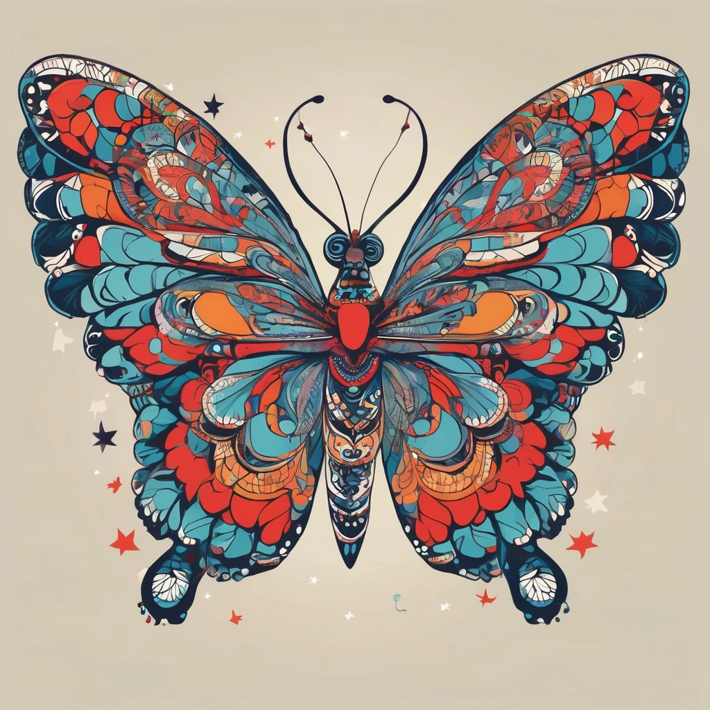 "Illustration d'un papillon en style cartoon. Le papillon est debout avec ses ailes colorées déployées, affichant des motifs vibrants et éclatants. Il a une apparence joviale et courageuse. Il porte de grands gants de boxe rouges sur ses pattes avant, which are clearly visible and contrast with the delicacy of its wings. Son visage exprime détermination et confiance, avec de grands yeux expressifs et un sourire léger. The background is simple but dynamic, perhaps with some bursts of light and stars to add a feeling of energy and movement. Colors are bright and vibrant, giving the whole a positive and energetic atmosphere."