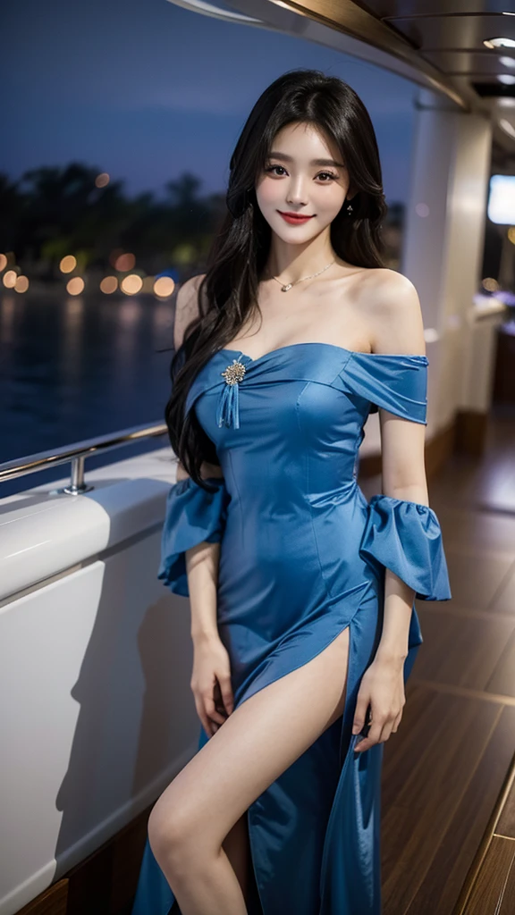 A sweet girl by the yatch luxury，voluminous hair，Delicate face，Photorealsitic，of a real，largeaperture，wears a blue dress，A cropped dress，Off-the-shoulder，A dress around the neck，Slim，smiles，Ultra-high resolution, Blurred background