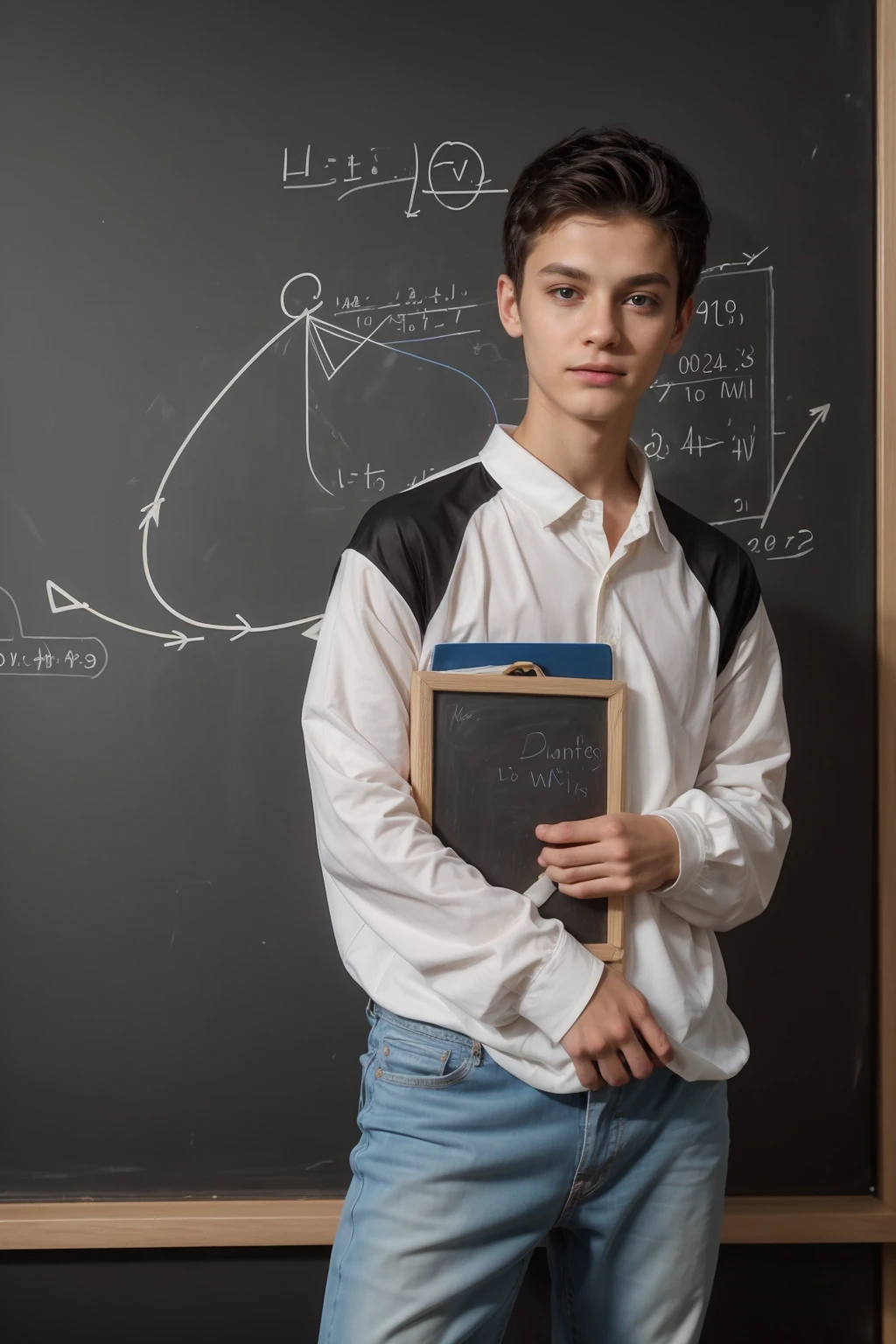 A cute, beautiful, black-haired male twink is wearing a luxurious, bright white, long-sleeved shirt and jeans. He is in his graduation speech, speaking, and a mind map comes out of his head, and behind him is a blackboard with calculus written on it, and neon waves come out of the blackboard.