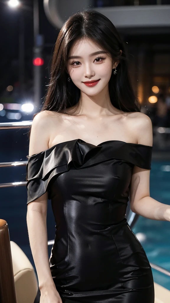 A sweet girl by the yatch luxury，voluminous hair，Delicate face，Photorealsitic，of a real，largeaperture，wears a black dress，A cropped dress，Off-the-shoulder，A dress around the neck，Slim，smiles，Ultra-high resolution, Blurred background