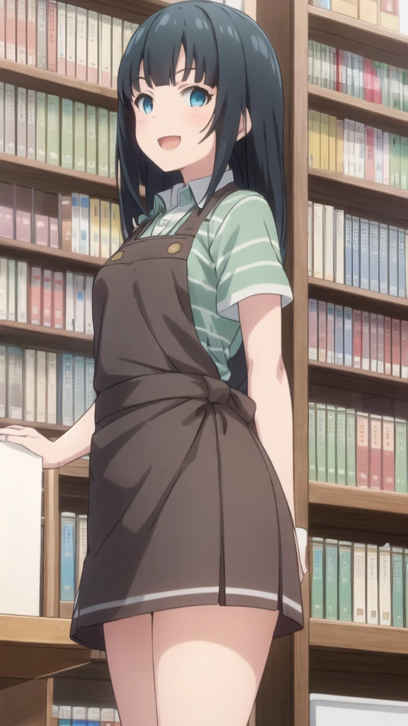 Highest quality, (masterpiece:1.2), Very detailed,
indoor, Bookshelf,
takasago tomoe,
One girl, alone, Are standing, Looking at the audience, Open your mouth, smile,
Black Hair, Long Hair, blue eyes,
Black very short denim skirt , Collared shirt, Short sleeve, Green Shirt, Striped, Brown apron,white lace panties,