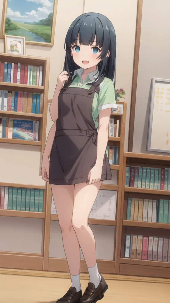 Highest quality, (masterpiece:1.2), Very detailed,
indoor, Bookshelf,
takasago tomoe,
One girl, alone, Are standing, Looking at the audience, Open your mouth, smile,
Black Hair, Long Hair, blue eyes,
Black very short denim skirt , Collared shirt, Short sleeve, Green Shirt, Striped, Brown apron,white lace panties,