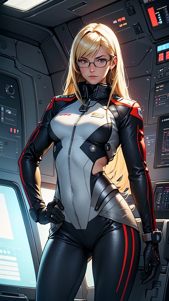 Beautiful cybernetic girl detailed muscles realistic masterpieces full figure pose (best quality,ultra-detailed), blonde straight hair, short bangs, glasses, fair skin, fit body, slim figure, narrow waist, large buttocks, (cocky expression), pilot uniform, sitting in cockpit
