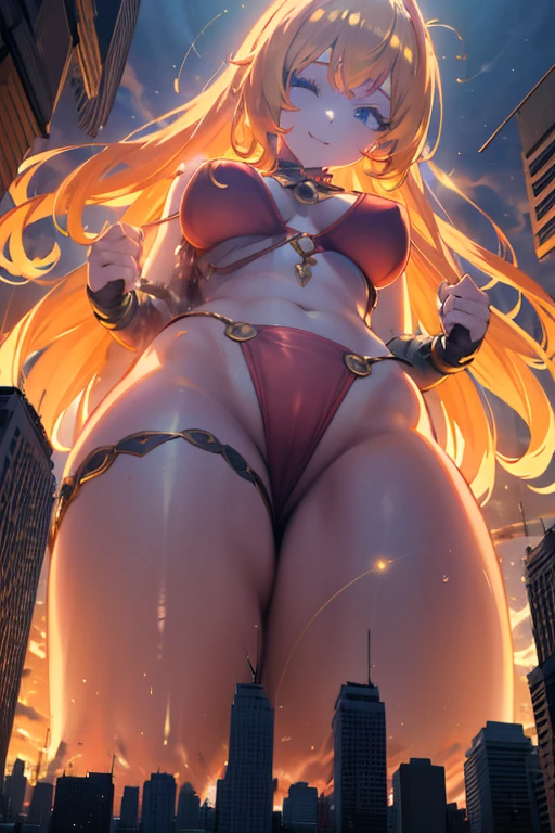 Giant Girl 50,000 feet high,Have a pair of long legs,Have a pair of huge breasts,Wearing a red bikini,Wear a pair of Mary Janes,Blonde curly hair,full of enjoyment,wariza in a crowded city, vandalism,It seems to be an invincible existence,Beautiful appearance,Exquisite makeup,quality,8K,High quality,(Governor:1.5),Perfect proportion, theater lighting,Film Grain,Fuji Colors,8K,Textured Skin,Super Detail,High Detail,high quality,high resolution,Fake laugh,morning,perfect body,full body image, tiny buildings between her thigh