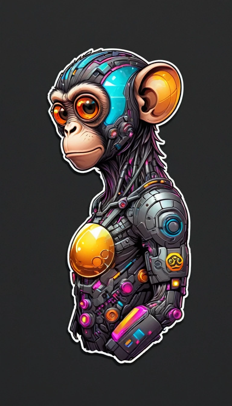 A futuristic monkey figure, with lights in eyes, surrounded by vibraprint ready vector t-shirt design, cyberpunk monkey illustration, side view, sticker, clean white background, professional vector, high detail, t-shirt design, graffiti, vibrant nt futuristic cityscape.A futuristic monkey figure, with lights in eyes, surrounded by vibraprint ready vector t-shirt design, cyberpunk monkey illustration, side view, sticker, clean white background, professional vector, high detail, t-shirt design, graffiti, vibrant nt futuristic cityscape.