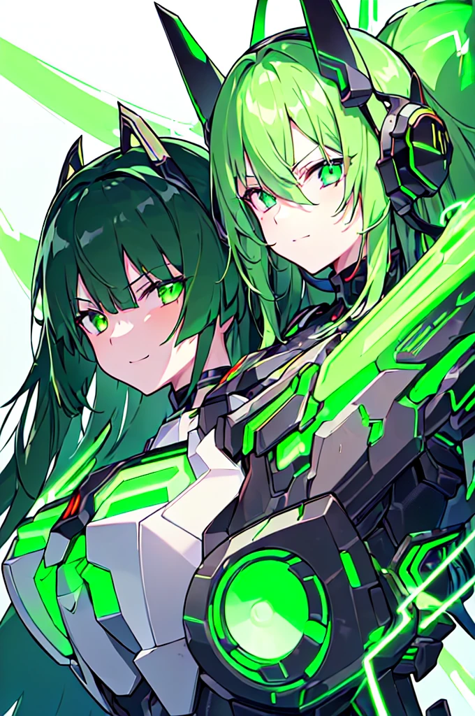 (((masterpiece))), (upper body), 1girl, solo, Green hair, long hair, Green eyes, (slant eyes), science fiction, (mecha musume:1.5), mechanical parts, headgear, doragon mechanical tails, ((mechanical Black dragon Armor)), Evil smile face, (((neon light green))), Anime style
