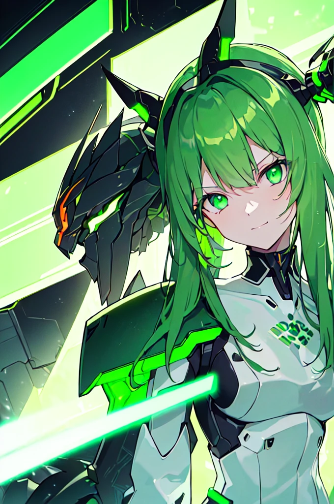 (((masterpiece))), (upper body), 1girl, solo, Green hair, long hair, Green eyes, (slant eyes), science fiction, (mecha musume:1.5), mechanical parts, headgear, doragon mechanical tails, ((mechanical Black dragon Armor)), Evil smile face, (((neon light green))), Anime style