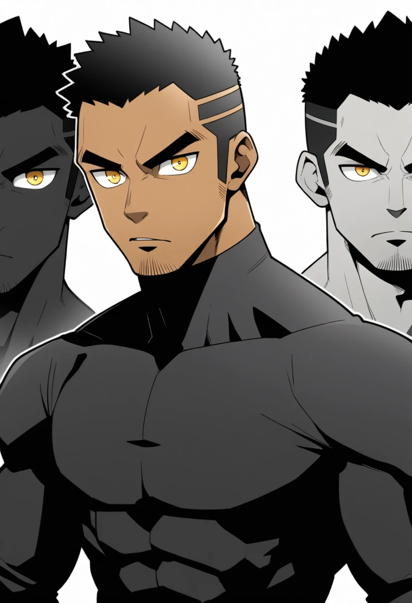one negro, anime characters:Gyee, Hibino Kafka, One Muscle Sports Student, negro black skin, Very Black, muscular tough guy, Manliness, male focus, Grey long sleeve turtleneck tight t-shirt, Regular symmetrical pattern, Very tight, muscular male, muscular, only, Upper body, alone, Black short hair, Thick eyebrows, stubble, Yellow eyes, White background, simple background, amazing quality, best aesthetics, Ridiculous, bright pupils, crew cut, parted lips, v-shaped eyebrows, jitome, best quality