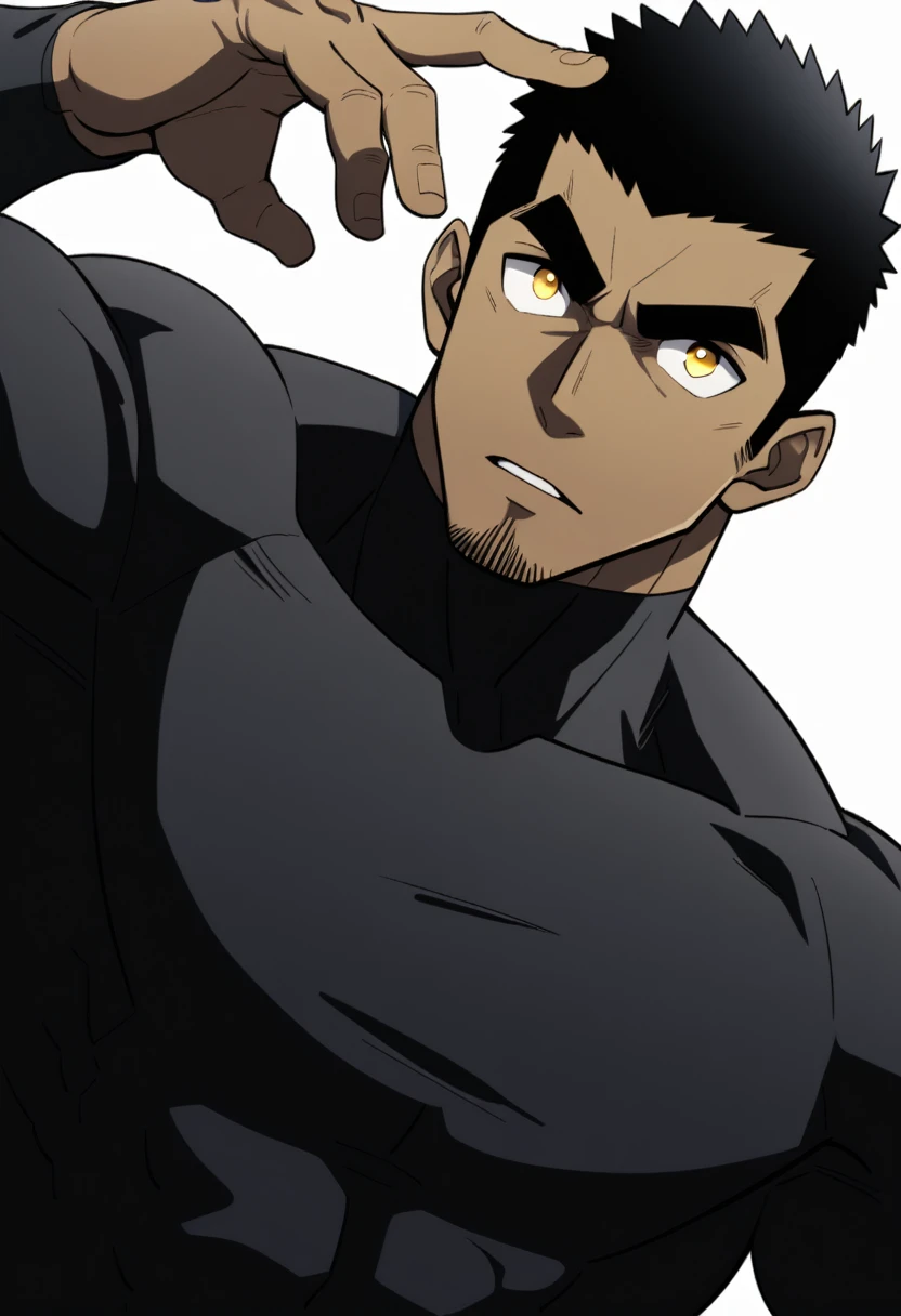 one negro, anime characters:Gyee, Hibino Kafka, One Muscle Sports Student, negro black skin, Very Black, muscular tough guy, Manliness, male focus, Grey long sleeve turtleneck tight t-shirt, Regular symmetrical pattern, Very tight, muscular male, muscular, only, Upper body, alone, Black short hair, Thick eyebrows, stubble, Yellow eyes, White background, simple background, amazing quality, best aesthetics, Ridiculous, bright pupils, crew cut, parted lips, v-shaped eyebrows, jitome, best quality