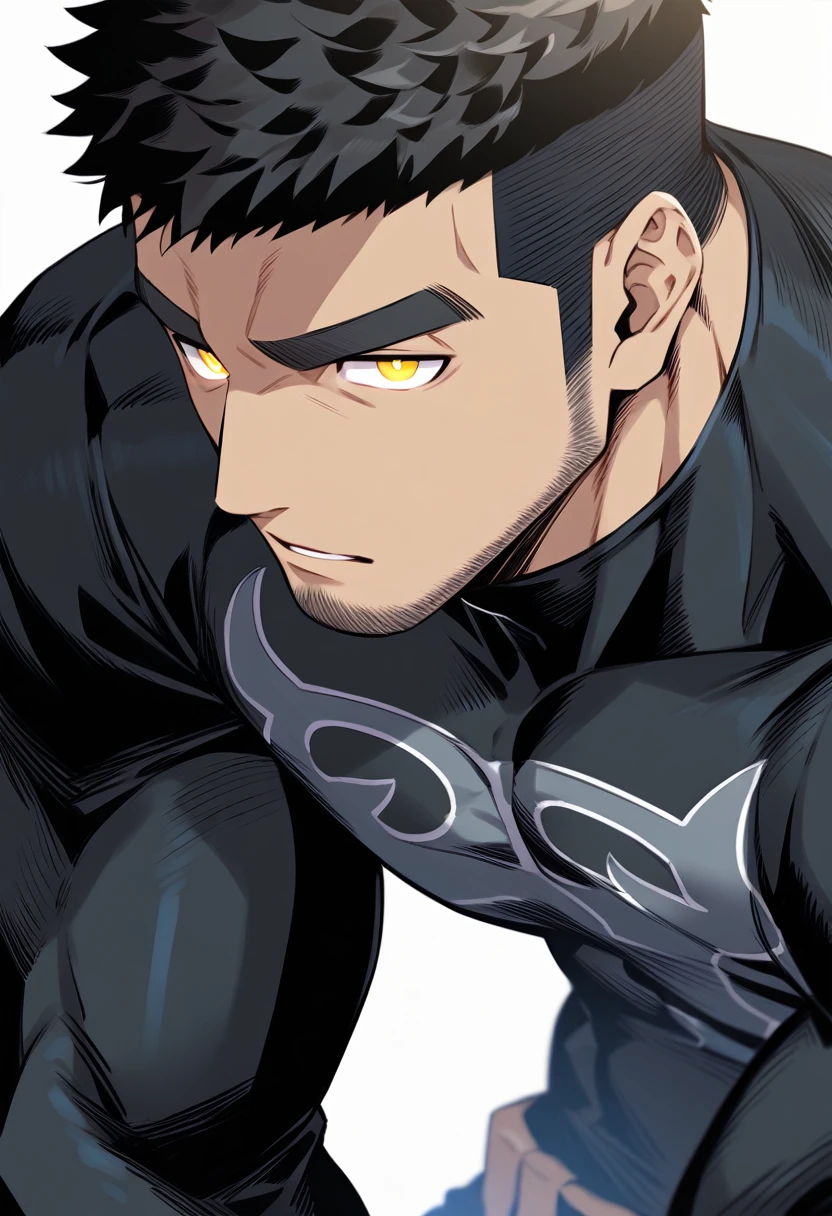 one negro, anime characters:Gyee, Hibino Kafka, One Muscle Sports Student, negro black skin, Very Black, muscular tough guy, Manliness, male focus, Grey long sleeve turtleneck tight t-shirt, Regular symmetrical pattern, Very tight, muscular male, muscular, only, Upper body, alone, Black short hair, Thick eyebrows, stubble, Yellow eyes, White background, simple background, amazing quality, best aesthetics, Ridiculous, bright pupils, crew cut, parted lips, v-shaped eyebrows, jitome, best quality