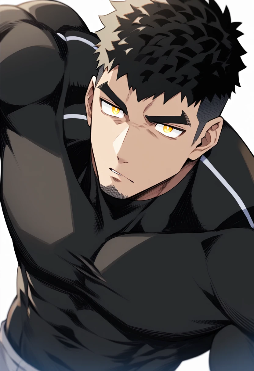 one negro, anime characters:Gyee, Hibino Kafka, One Muscle Sports Student, negro black skin, Very Black, muscular tough guy, Manliness, male focus, Grey long sleeve turtleneck tight t-shirt, Regular symmetrical pattern, Very tight, muscular male, muscular, only, Upper body, alone, Black short hair, Thick eyebrows, stubble, Yellow eyes, White background, simple background, amazing quality, best aesthetics, Ridiculous, bright pupils, crew cut, parted lips, v-shaped eyebrows, jitome, best quality