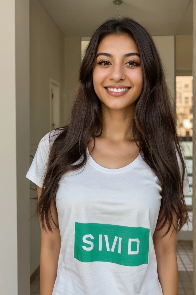 24YO, one attractive Jordanian women, cute smile, white teethes, green T-shirt, light brown eyes, small nose, black/brown long hair
