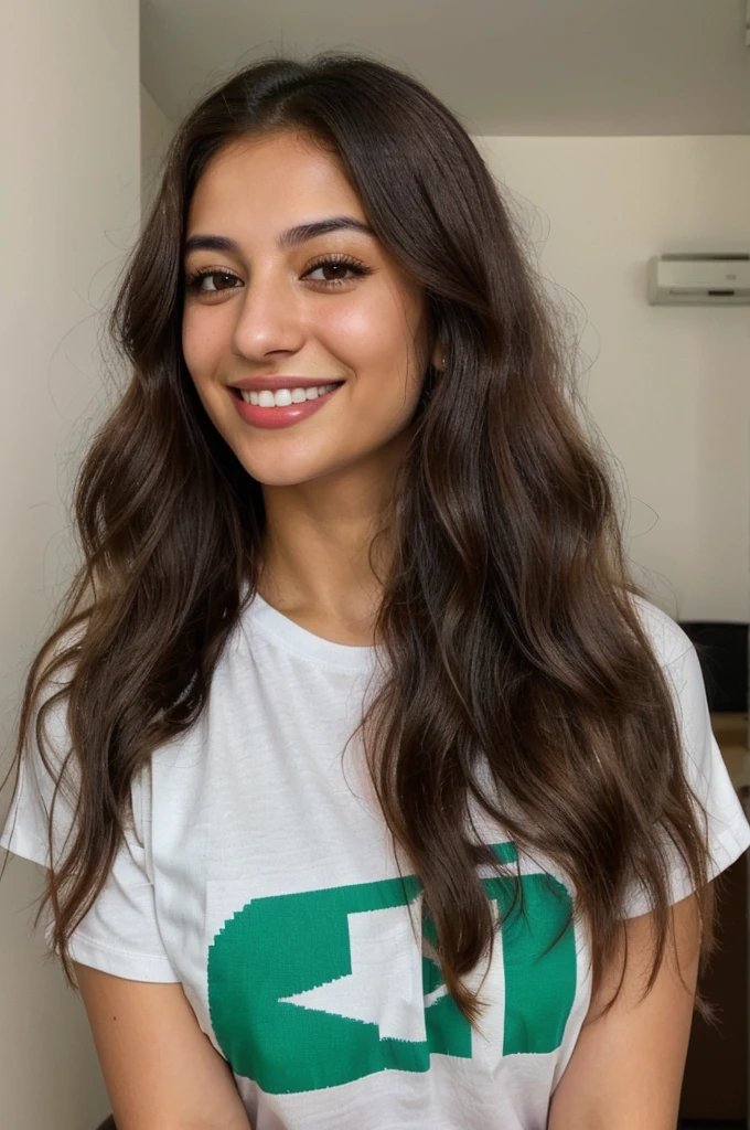 24YO, one attractive Jordanian women, cute smile, white teethes, green T-shirt, light brown eyes, small nose, black/brown long hair