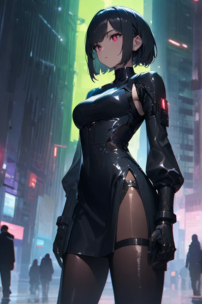 ((Best quality)), ((masterpiece)), (detailed), Draw a cyberpunk robb in a tight black dress with heels against the background of the city