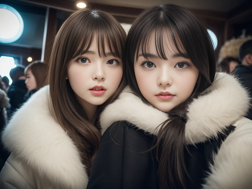 fluffyの毛皮。fluffy、A Russian girl with a fair complexion and a young face。A frontal shot looking directly at the viewer、Mouth wide open。Chest up。Beautiful women in luxurious furs。Old-fashioned。Fisheye Lens、Fur coat。snow。