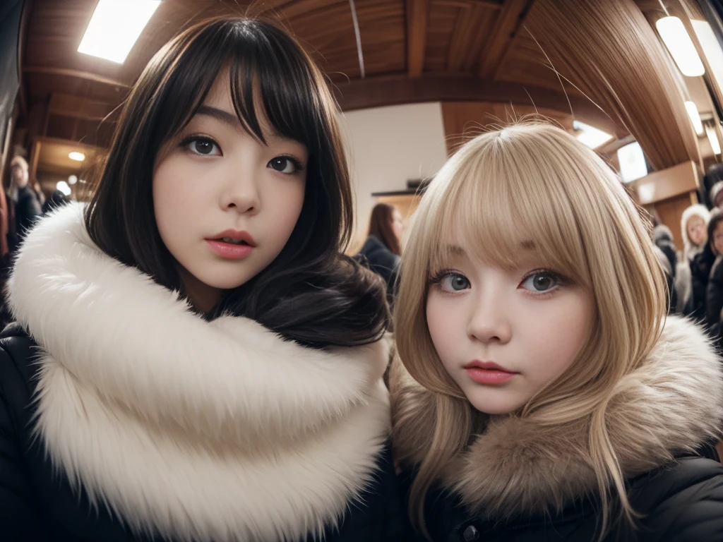 fluffyの毛皮。fluffy、A Russian girl with a fair complexion and a young face。A frontal shot looking directly at the viewer、Mouth wide open。Chest up。Beautiful women in luxurious furs。Old-fashioned。Fisheye Lens、Fur coat。snow。