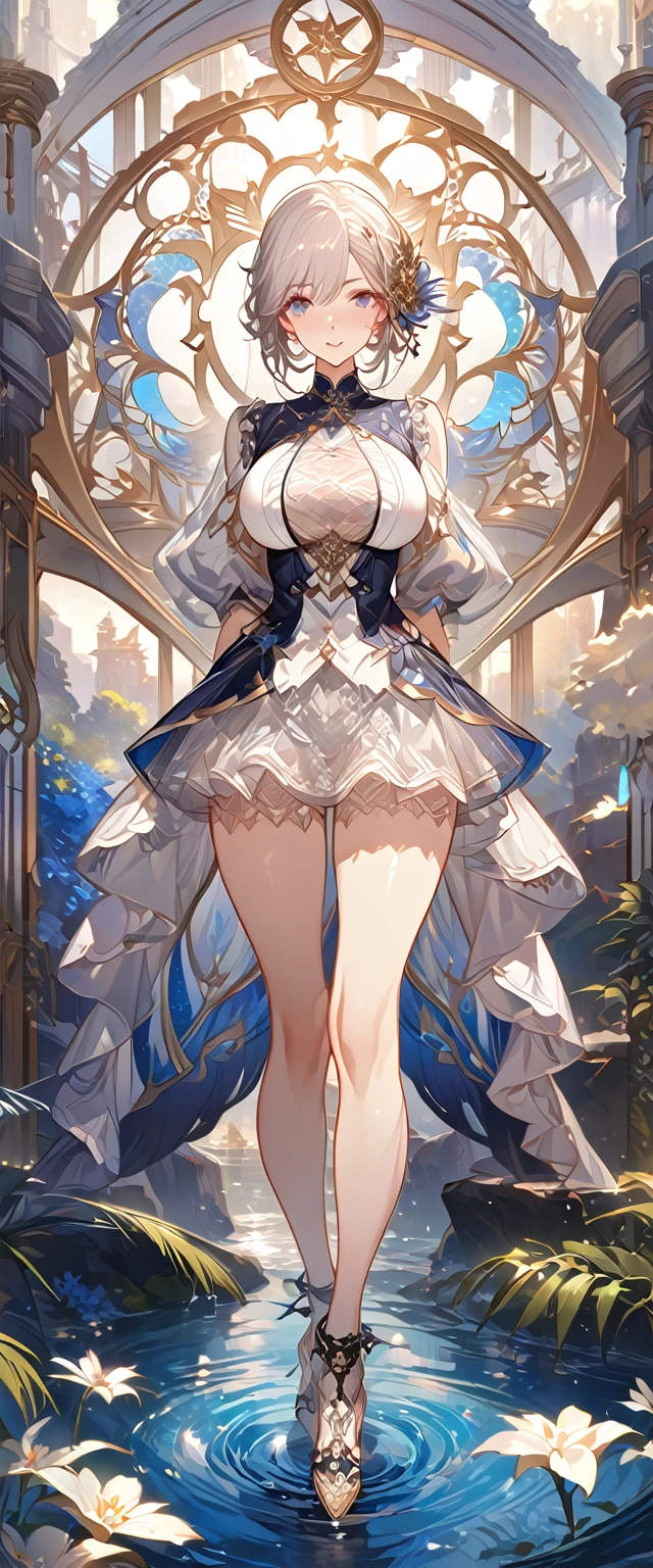 best quality ,masterpiece, illustration, an extremely delicate and beautiful, extremely detailed ,CG ,unity ,8k wallpaper, Amazing, finely detail, masterpiece, best quality, official art, extremely detailed CG unity 8k wallpaper, solo, thigh focus, (full body), arms behind back, white background, finely detailed face and eyes, extreme detail, detailed face, detailed hair, detailed clothes, high quality, slim body, water, masterpiece:1.3, focus:1.2, skirt, short skirt, transparent skirt, lace skirt, all kind of pose, big boobs, hair ornament, meticulous clothes inspired by Asukaziye artist : ask, art style : ask