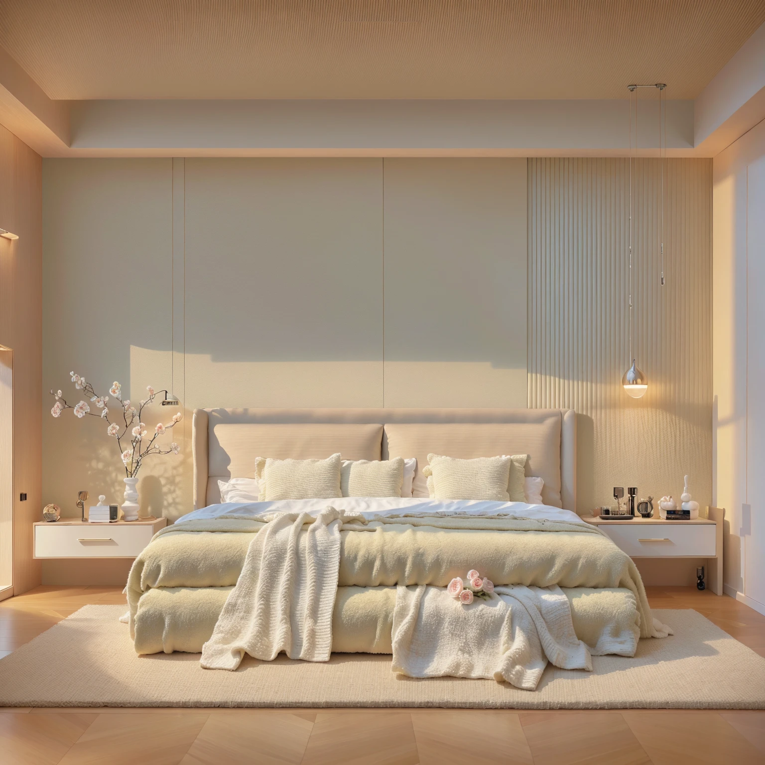 RAW photo of The bedroom becomes a showcase for exquisite works of art , masterpiece, best quality, 8k, ultra highres, In a décor style, On the wall hangs a huge oil painting, The colorful flowers exude a gorgeous fragrance in the shimmering light, On the bedside table are carefully carved crystal vases, Inside it are blooming red roses, The walls are inlaid with black glass,The shimmering light creates a mysterious and romantic atmosphere, A pair of sculptural figures stand at the end of the bed, They seem to be whispering vows of love, Every corner of this bedroom is a unique work of art like being in a dreamy art world