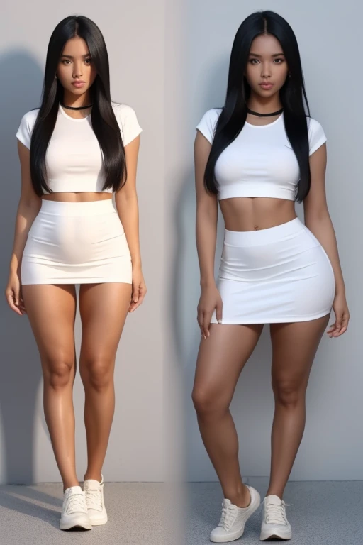 A female body, from her neck to toes with no face! Long black hair ,light tanned in skin colour. Wearing a mini tight skirt showing her wide hips and plump butt and a tight croptop. Only body is showing in the picture . No face!