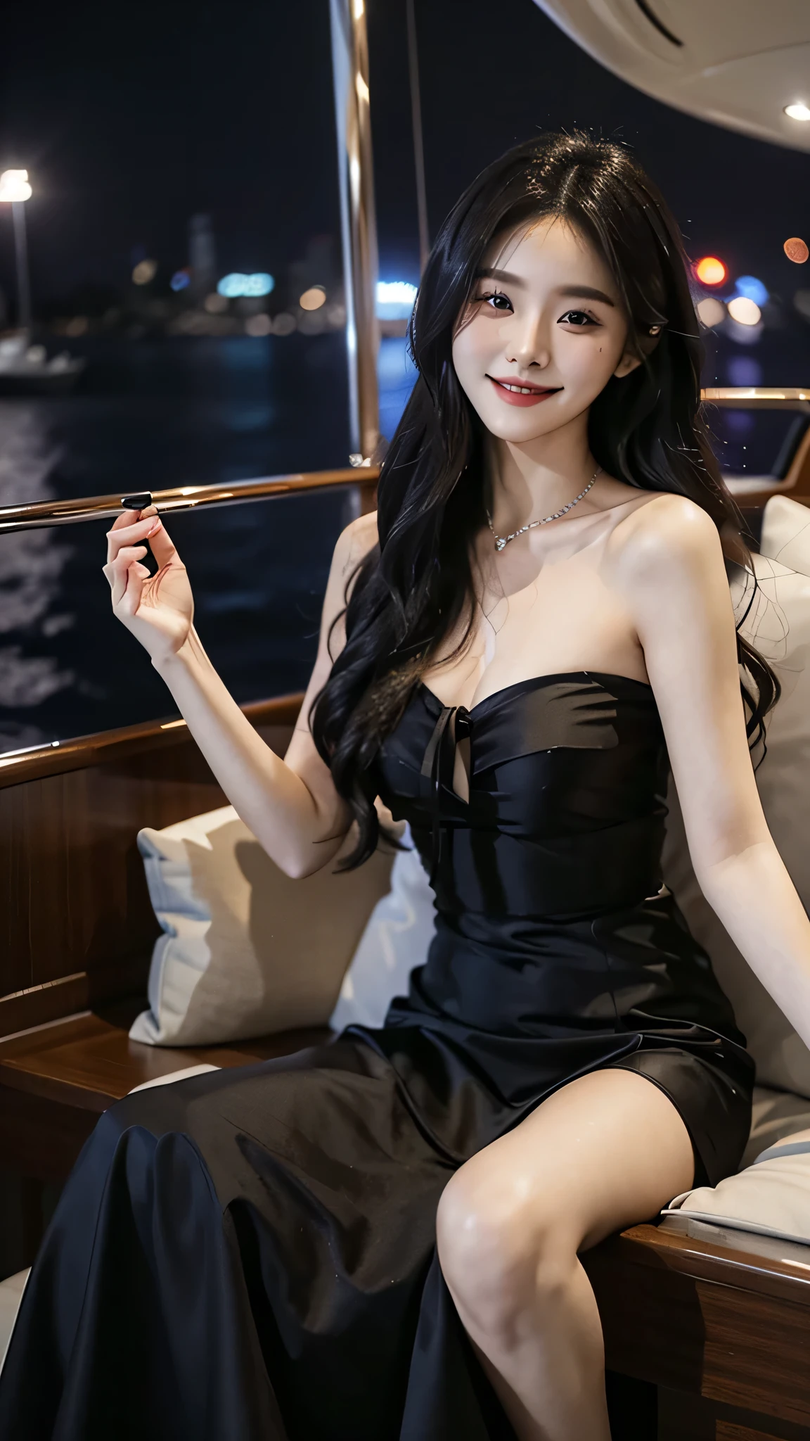 A sweet girl by the yatch luxury，voluminous hair，Delicate face，Photorealsitic，of a real，largeaperture，wears a black dress，A cropped dress，Off-the-shoulder，A dress around the neck，Slim，smiles，Ultra-high resolution, Blurred background