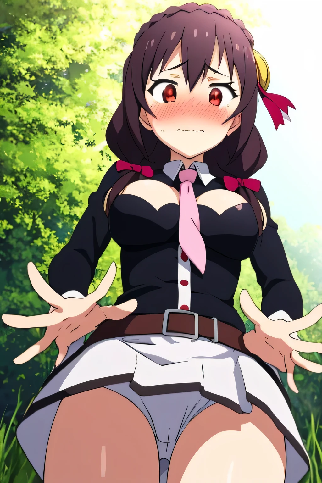 (masterpiece, Highest quality), One girl, Yunyun,Long Hair,Braiding,Twin tails,Hair between the eyes,Red hair ribbon,hair ornaments,large round breasts,、Fluttering pink skirt、Black Hair、Red Eyes、(Embarrassed face:1.2)、grassland、Crown Blade,Black Shirt, Long sleeve,Pink tie, belt, Cleavage cutout、cowboy shot、(blush:1.2)、White shorts are visible、View from below