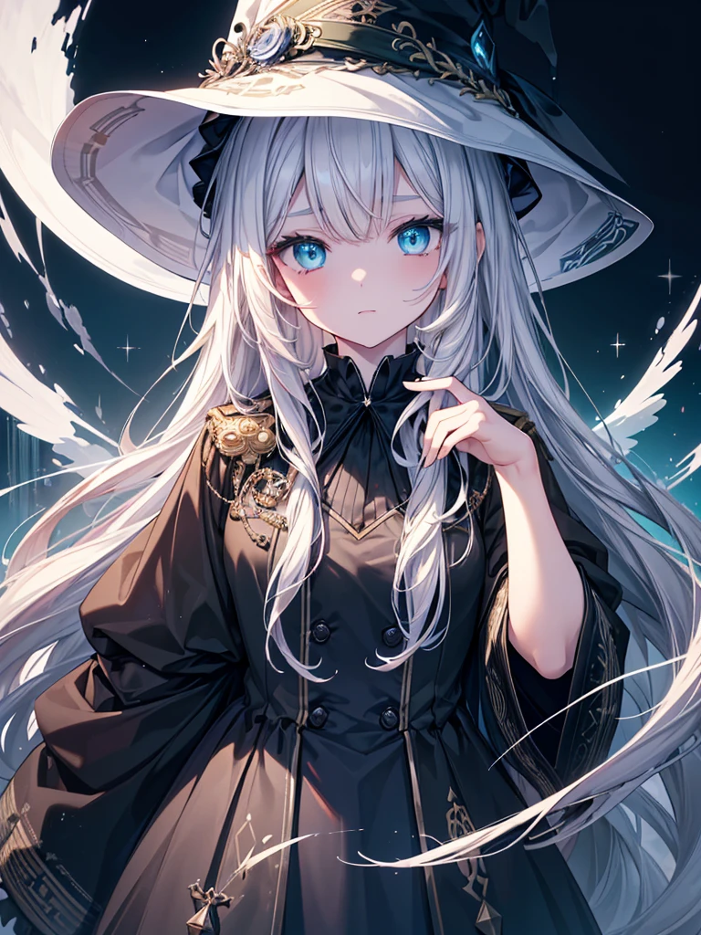 (​masterpiece),(top-quality),(ultra-detailliert),hight resolution,in 8K animation,1girl,witch,white wavy hair,,green eyes,(round eyes),bangs,a lot of glowing particles, Scattered runes, dreamcore,(beautifull detailed face),(beatiful detailed eyes),(anatomically correct)