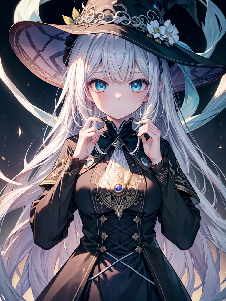(​masterpiece),(top-quality),(ultra-detailliert),hight resolution,in 8K animation,1girl,witch,white wavy hair,,green eyes,(round eyes),bangs,a lot of glowing particles, Scattered runes, dreamcore,(beautifull detailed face),(beatiful detailed eyes),(anatomically correct)