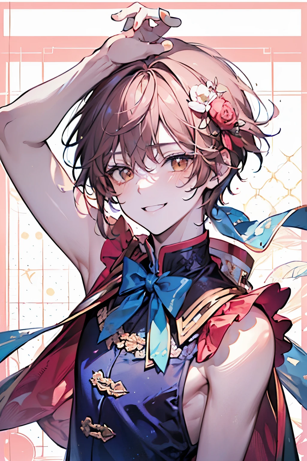 ((man around 20 years old:1.3)),((It's a Small World:1.3)),Prince style from the fairy tale world,alice in wonderland,cheshire cat,close up of face,(polka dot background:1.2),red、white、pink、yellow,(look up:1.15),(blush、Full of energy),((arm up:1.35)),((Top view:1.2)),(A big smile:1.1)