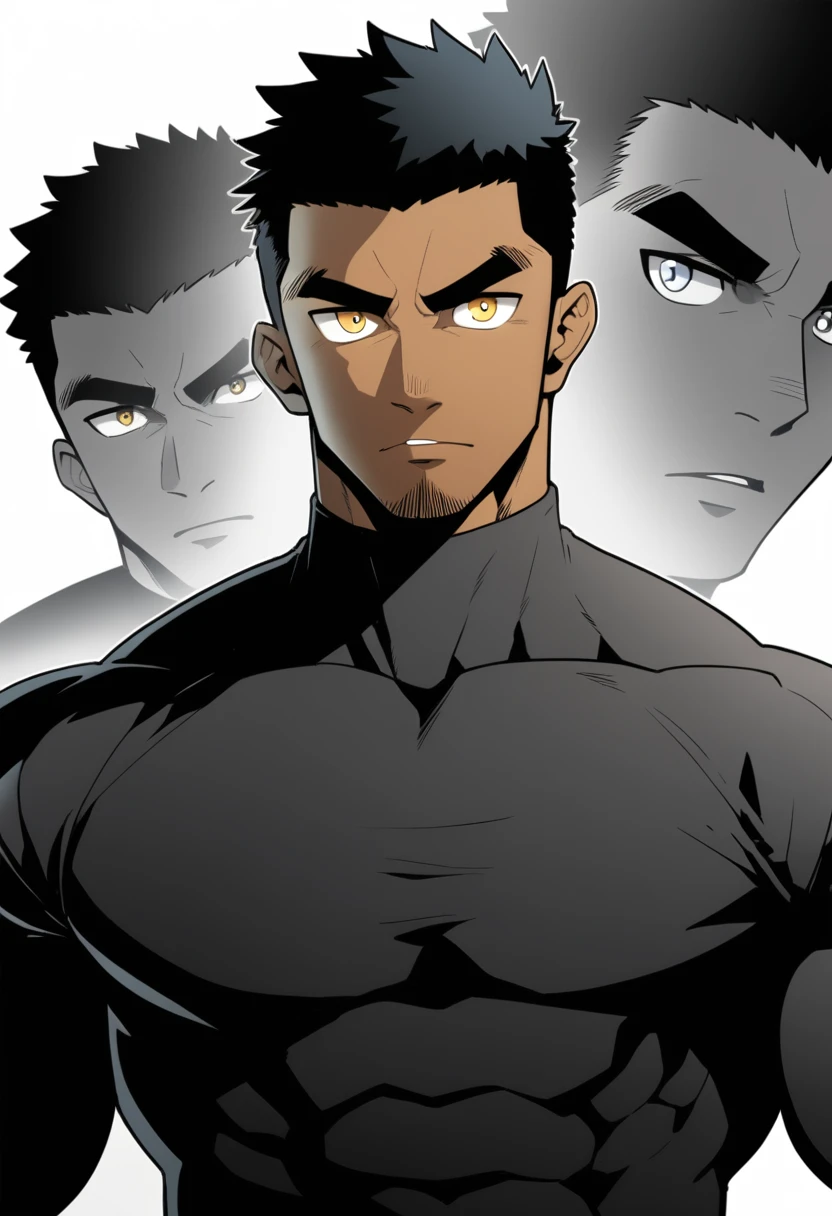 one negro, anime characters:Gyee, Hibino Kafka, One Muscle Sports Student, negro black skin, Very Black, muscular tough guy, Manliness, male focus, Grey long sleeve turtleneck tight t-shirt, Regular symmetrical pattern, Very tight, muscular male, muscular, only, Upper body, alone, Black short hair, Thick eyebrows, stubble, Yellow eyes, White background, simple background, amazing quality, best aesthetics, Ridiculous, bright pupils, crew cut, parted lips, v-shaped eyebrows, jitome, best quality