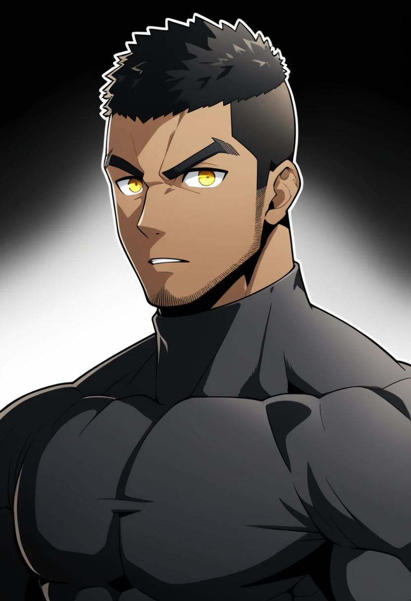 one negro, anime characters:Gyee, Hibino Kafka, One Muscle Sports Student, negro black skin, Very Black, muscular tough guy, Manliness, male focus, Grey long sleeve turtleneck tight t-shirt, Regular symmetrical pattern, Very tight, muscular male, muscular, only, Upper body, alone, Black short hair, Thick eyebrows, stubble, Yellow eyes, White background, simple background, amazing quality, best aesthetics, Ridiculous, bright pupils, crew cut, parted lips, v-shaped eyebrows, jitome, best quality
