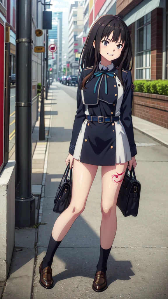 (((Pixel Perfect, Perfect in every detail))), alone, 1 personの女の子, Inoue Check, Licorice Uniform, View your viewers, Mouth closed, (((Pixel Perfect, Perfect in every detail))), alone, 女の子1 person, Chisato Nishikigi, Uniform sake, Looking at the audience, smile, Chisato, 1 personの女の子, alone, chest, Neck ribbon, Collared shirt, Uniform sake, Two-tone micro mini dress, Blue Dress, Long sleeve, Red Belt, (((1 personの女の子))),(((alone))),(((1 person))).loafers、Black socks、女の子1 person, whole body,(Looking up:1.4) alley, Contact us, Talk to your audience、Are Are standing、, 1 Girl}} Are standing,,{Show Viewer,, tattoo, High heels, Grin、smile, 軽いsmile, anger, blush, saliva, tattoo、Highlight the face、bad woman、sadistic、Are standing、Shaving, (下腹部のtattoo:1.5), (ハートのtattoo:1.5), (belly but ton: 1.1), (Micro Mini Skirt: 1.3), 女の子1 person, whole body,(Looking up:1.4)choker、slave、 Big Breasts、chestの膨らみ,big、