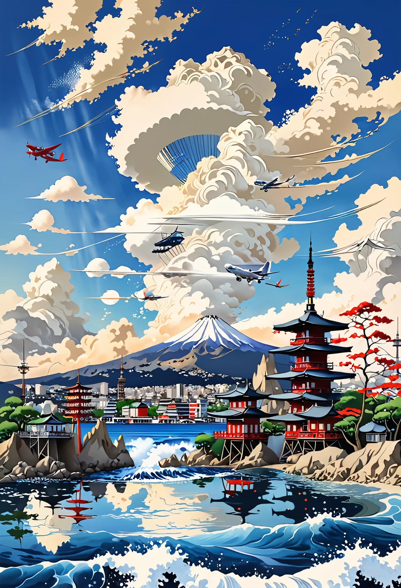 Japanese Landscape,Ocean,Fuji Mountain,Tokyo Tower,plane,Kyoto,Asakusa,Osaka,Fukuoka,Style of Japan painting,Beach waves splashing,エメラルドブルーのOceanの背景,Cumulonimbus cloud debris,Highest quality,Ultra-high resolution,Golden Ratio,Maximum Coefficient,Cappadocia