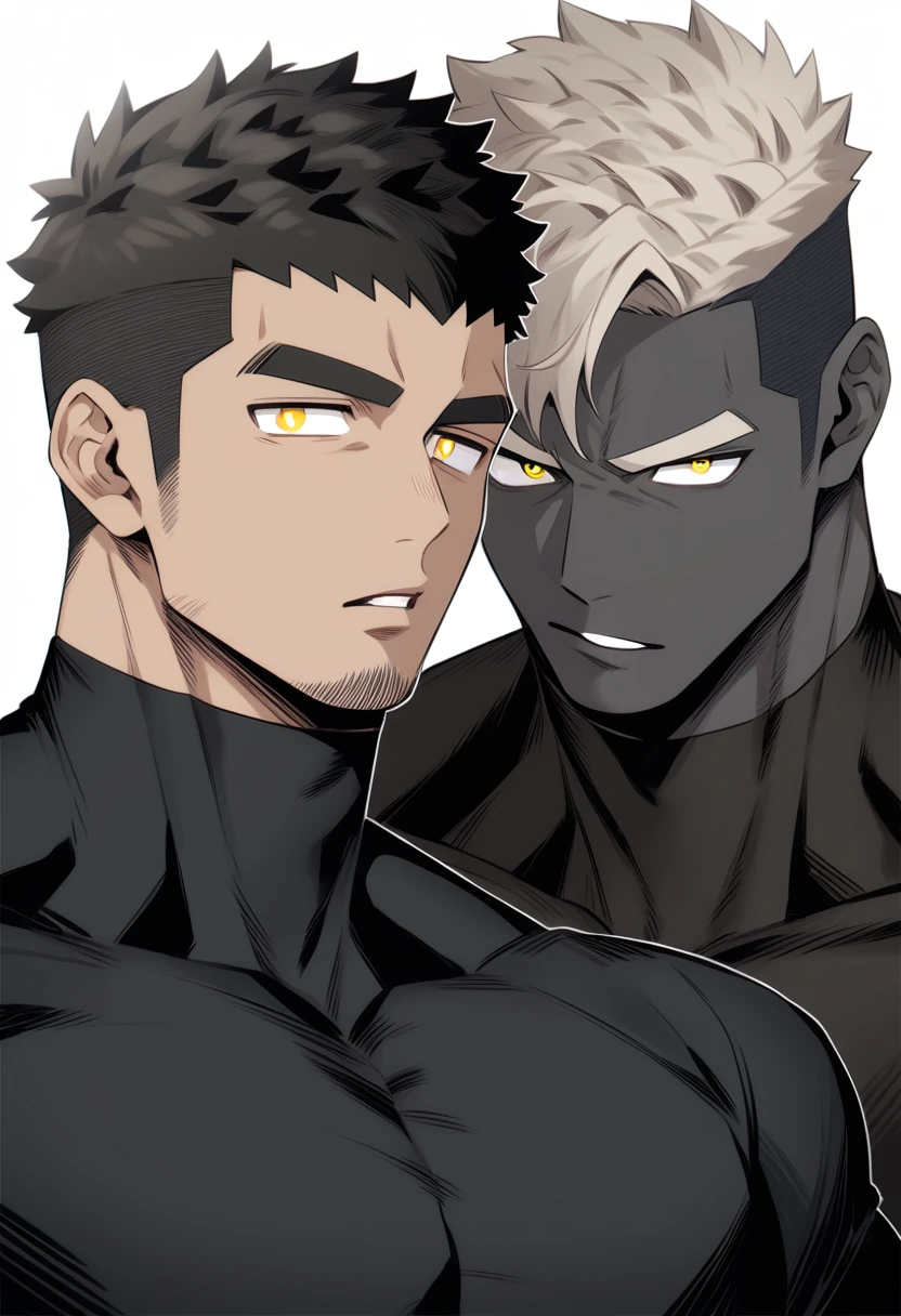 one negro, anime characters：Gyee, Hibino Kafka, One Muscle Sports Student, negro black skin, Very Black, muscular tough guy, Manliness, male focus, Grey long sleeve turtleneck tight t-shirt, Regular symmetrical pattern, Very tight, muscular male, muscular, only, Upper body, alone, Black short hair, Thick eyebrows, stubble, Yellow eyes, White background, simple background, amazing quality, best aesthetics, Ridiculous, bright pupils, crew cut, parted lips, v-shaped eyebrows, jitome, best quality