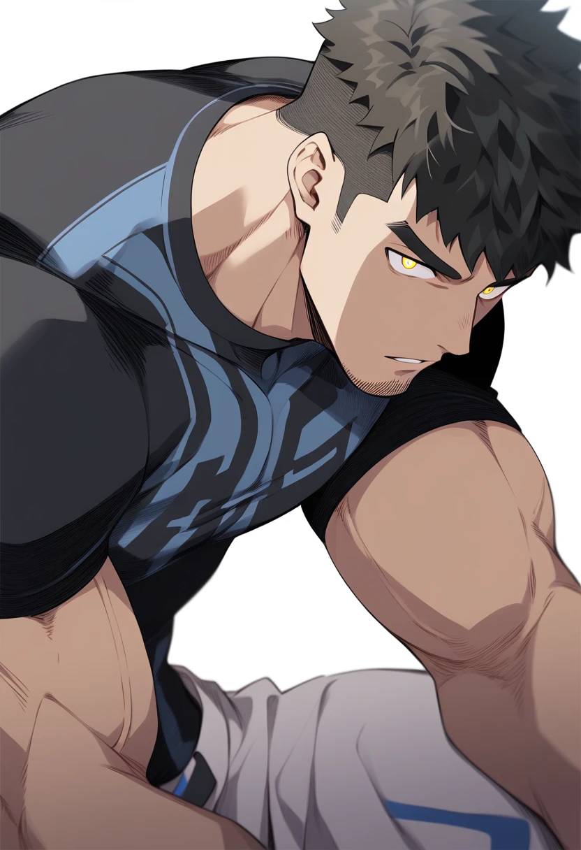 one negro, anime characters：Gyee, Hibino Kafka, One Muscle Sports Student, negro black skin, Very Black, muscular tough guy, Manliness, male focus, Grey long sleeve turtleneck tight t-shirt, Regular symmetrical pattern, Very tight, muscular male, muscular, only, Upper body, alone, Black short hair, Thick eyebrows, stubble, Yellow eyes, White background, simple background, amazing quality, best aesthetics, Ridiculous, bright pupils, crew cut, parted lips, v-shaped eyebrows, jitome, best quality