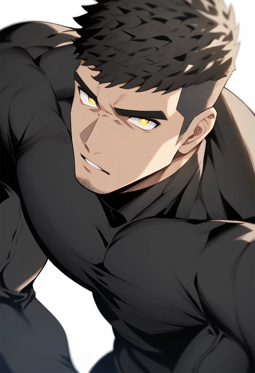 one negro, anime characters:Gyee, Hibino Kafka, One Muscle Sports Student, negro black skin, Very Black, muscular tough guy, Manliness, male focus, Grey long sleeve turtleneck tight t-shirt, Regular symmetrical pattern, Very tight, muscular male, muscular, only, Upper body, alone, Black short hair, Thick eyebrows, stubble, Yellow eyes, White background, simple background, amazing quality, best aesthetics, Ridiculous, bright pupils, crew cut, parted lips, v-shaped eyebrows, jitome, best quality