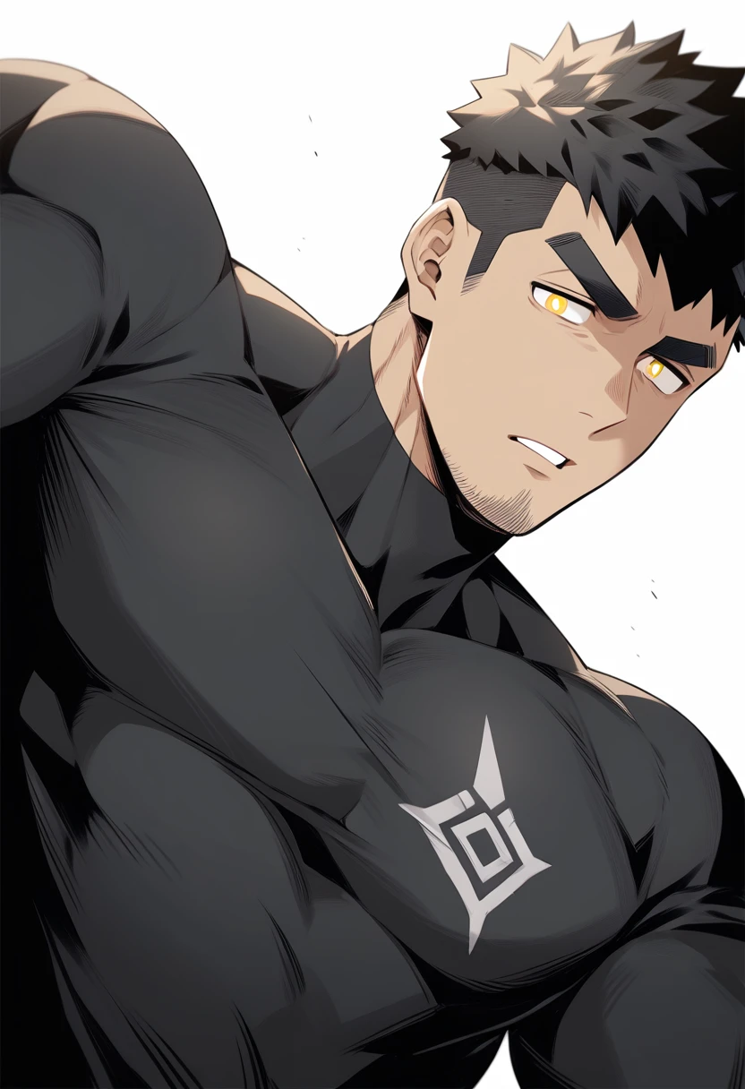 one negro, anime characters：Gyee, Hibino Kafka, One Muscle Sports Student, negro black skin, Very Black, muscular tough guy, Manliness, male focus, Grey long sleeve turtleneck tight t-shirt, Regular symmetrical pattern, Very tight, muscular male, muscular, only, Upper body, alone, Black short hair, Thick eyebrows, stubble, Yellow eyes, White background, simple background, amazing quality, best aesthetics, Ridiculous, bright pupils, crew cut, parted lips, v-shaped eyebrows, jitome, best quality