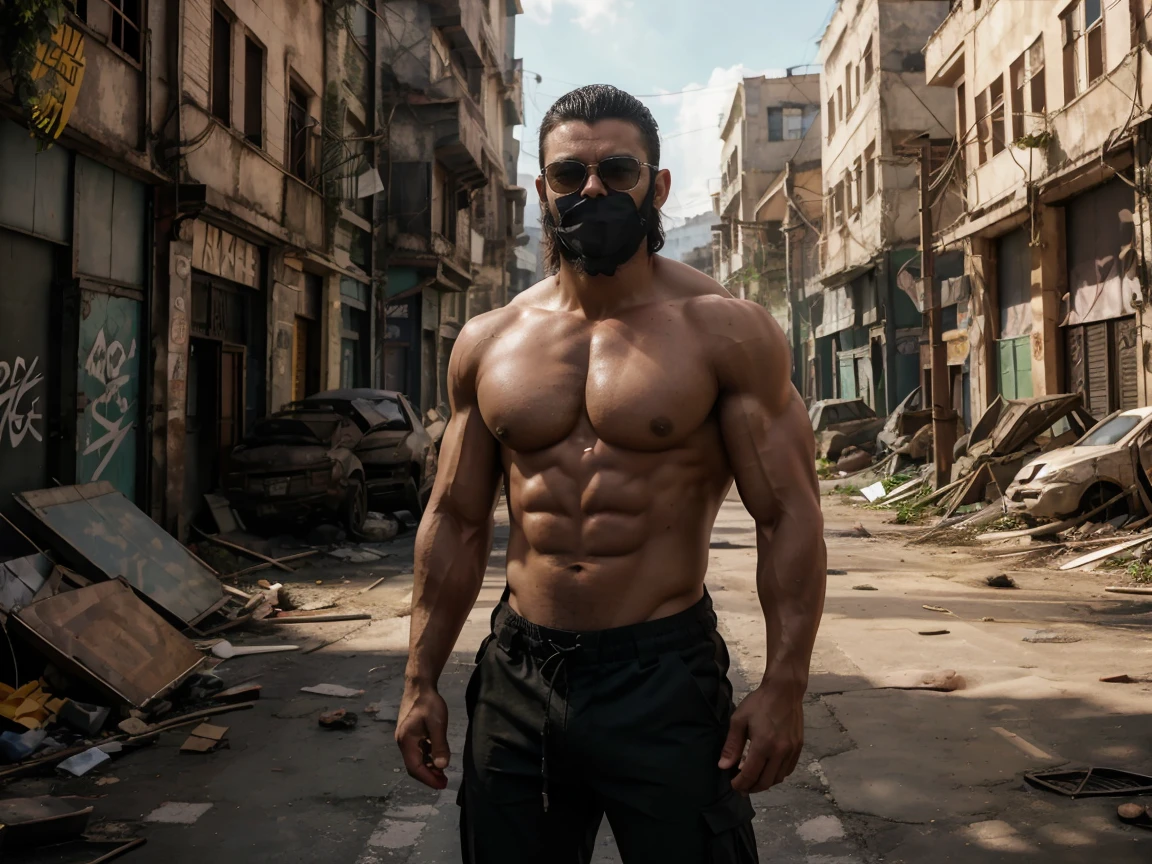 A very muscular man with a strong build. He has a well-defined jaw and a serious expression, doesn't look at the camera. Su piel es clara, y tiene barba corta. karateka, pose de karateka, pants, chaqueta gruesa abierta mostrando su torso bien definido, hermoso rostro，lleno de luz，Una mirada decidida, corte militar, ruso, apocalyptic city background, luchando contra zombies, punches against zombies, sneaker mask, gafas de sol, torso peludo, cara mirando a otro lado, no background vacío, dinamic pose