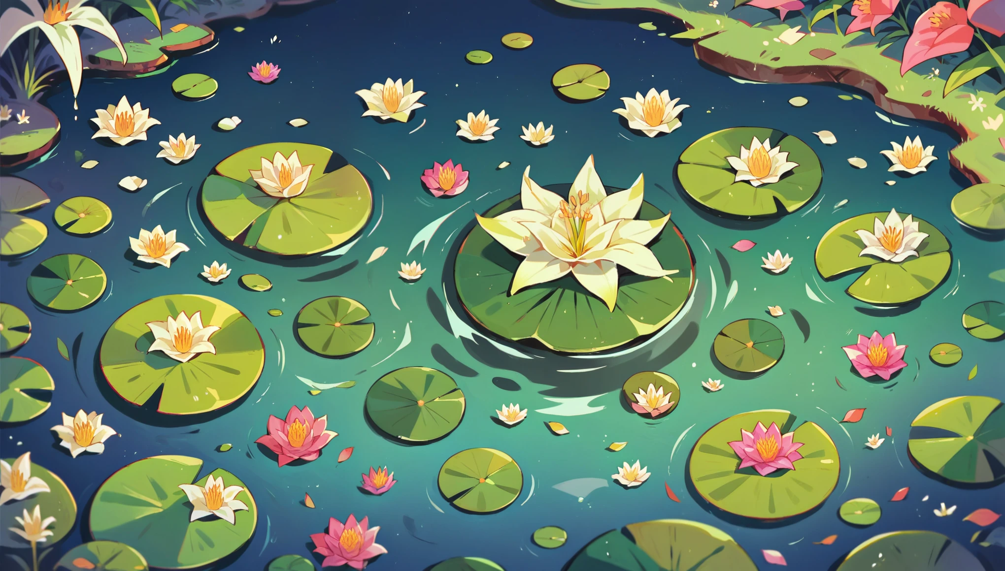 masterpiece, best quality,flower, outdoors, water, no_humans, animal, cat, white_flower, nature, partially_submerged, animal_focus, green_theme, lily_pad, pond